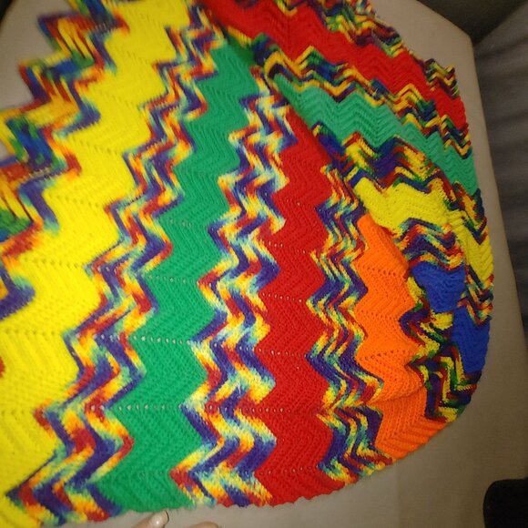 Chevron Throw Blanket Handcrafted Crocheted Multicolor Zigzag Rainbow Bright - Picture 8 of 12